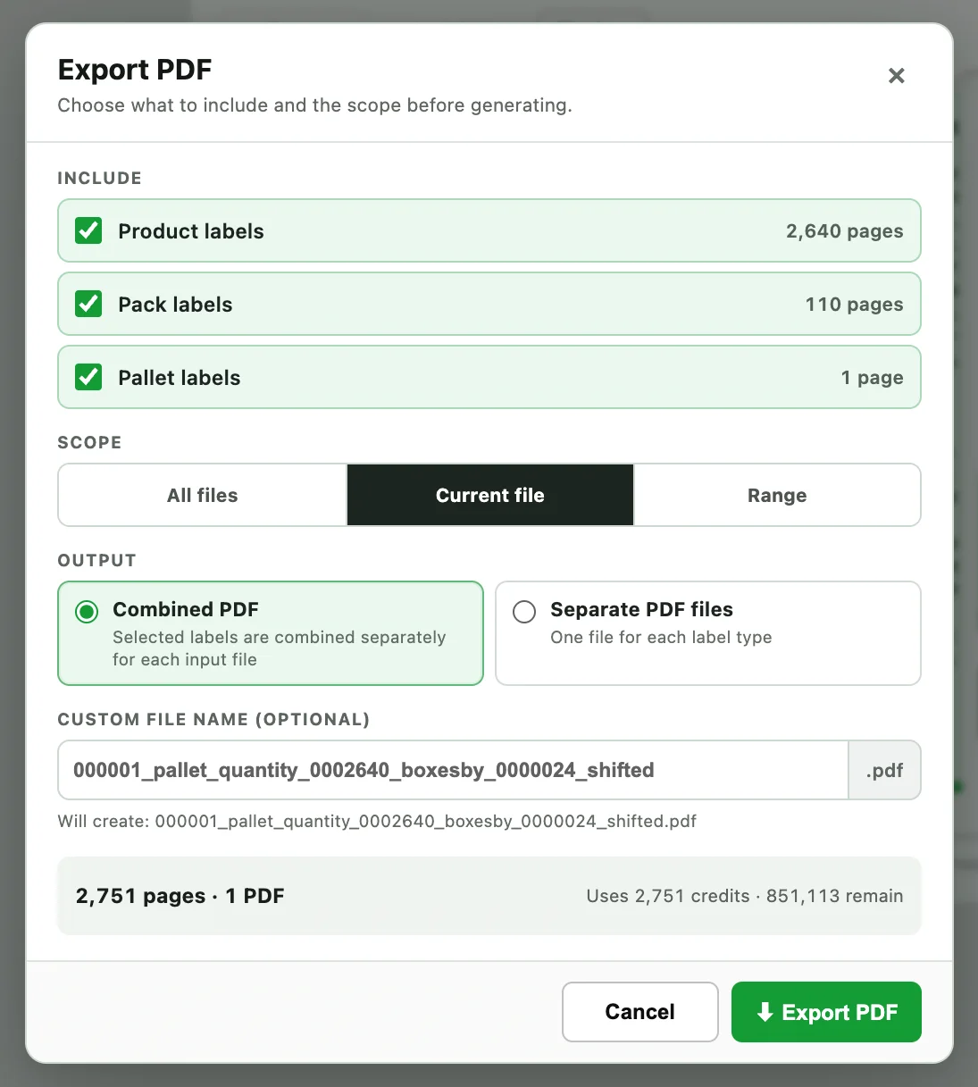 Export Label app – Export PDF dialog with unit, pack and pallet labels