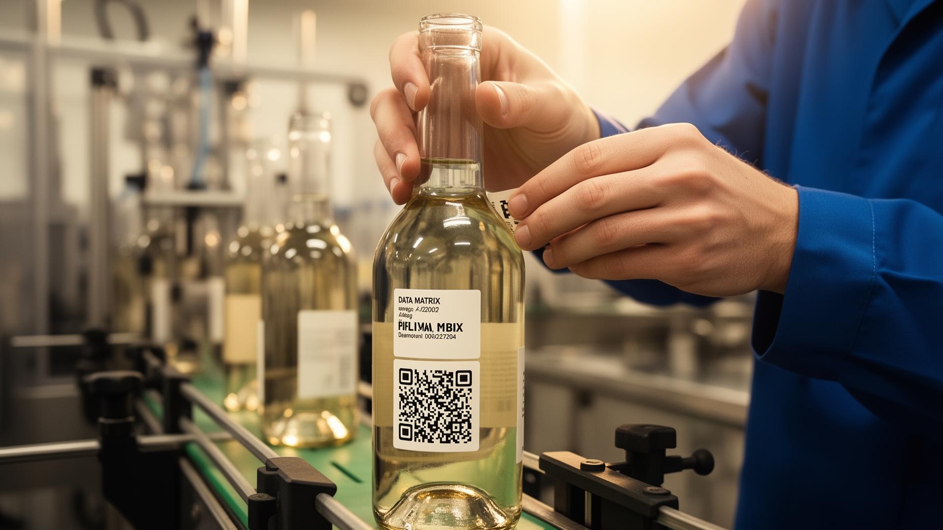 Worker applying a Честный знак label onto a product bottle