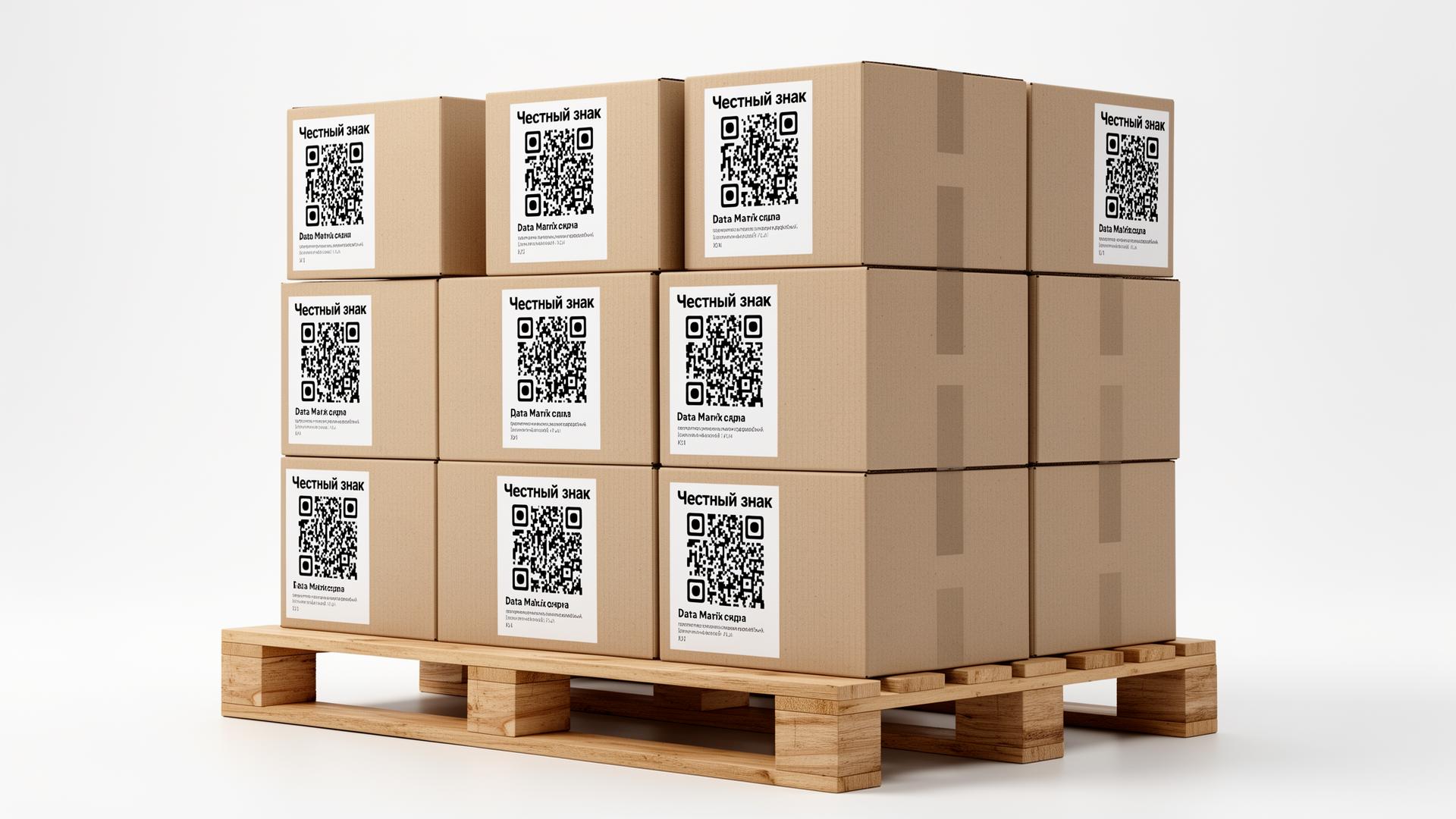 Pallet of boxes labeled with Честный знак Data Matrix codes